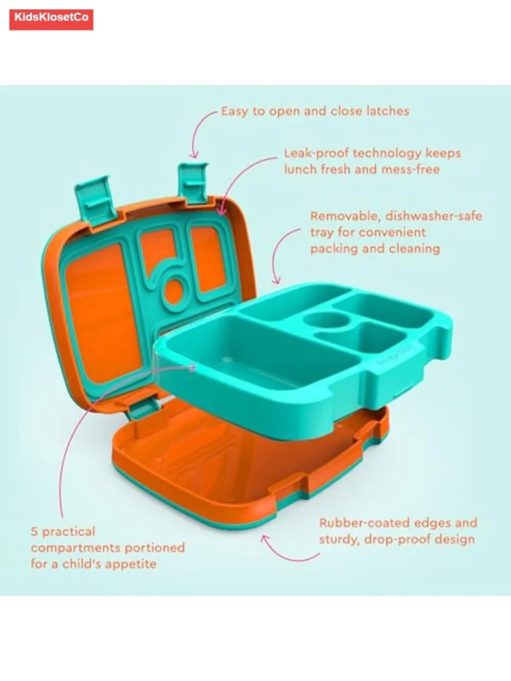 Leak-Proof 5-Compartment Bento Lunch Box for Kids Ages 3-7